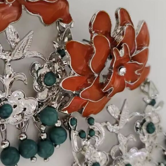 New ZARA Orange, Turquoise & Silver Floral Beaded Earrings With Bird Detail - Picture 6 of 10
